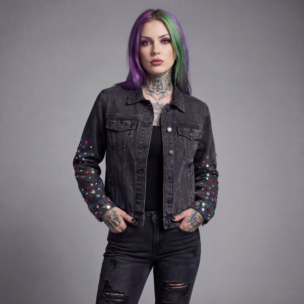 Rock Glam Rhinestone Studded Black Denim Jacket Bedazzled Vintage Size 10